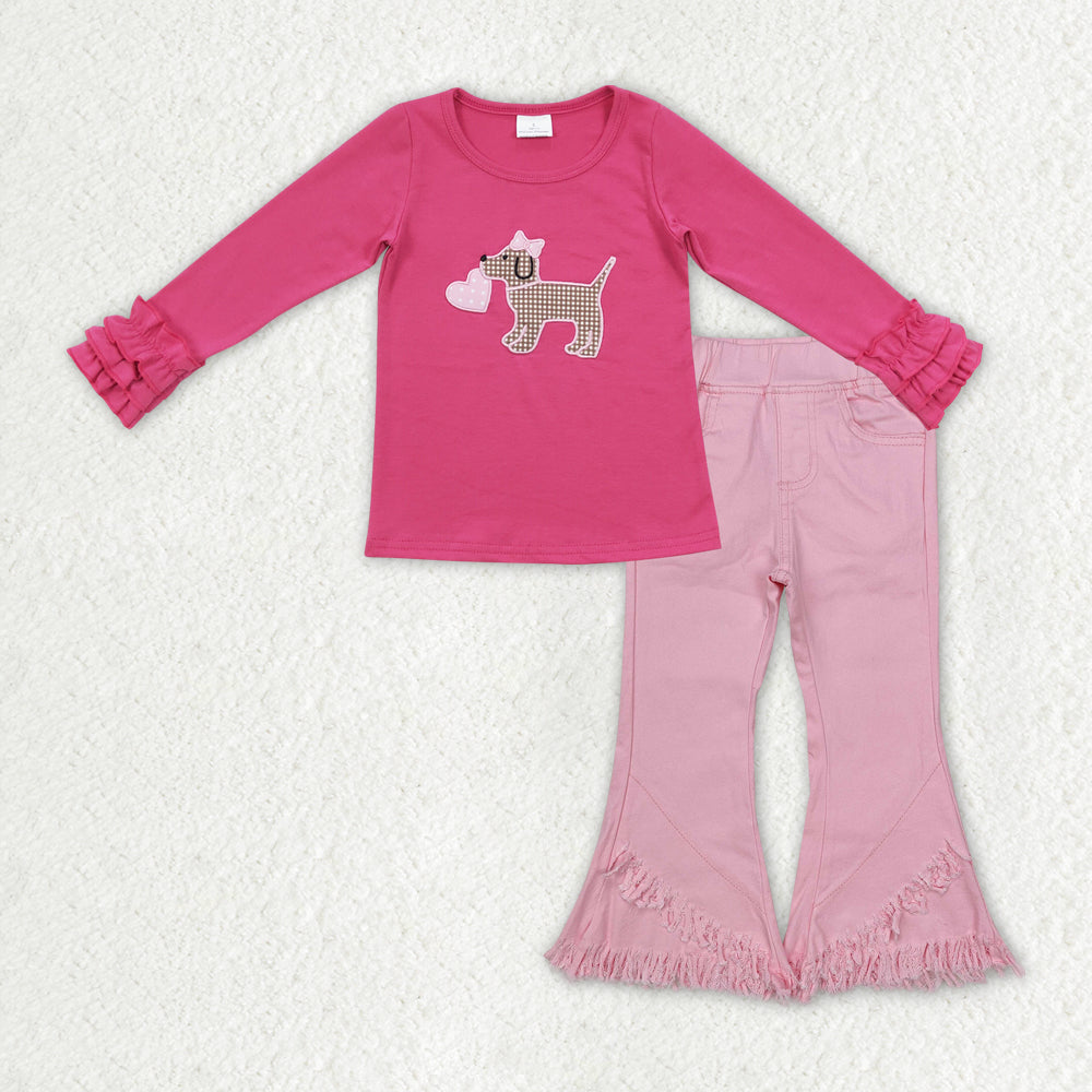 Baby Girl Long Sleeves Embroidery Valentines Dog Heart Shirt Pink Denim Jeans Pants Clothes Set