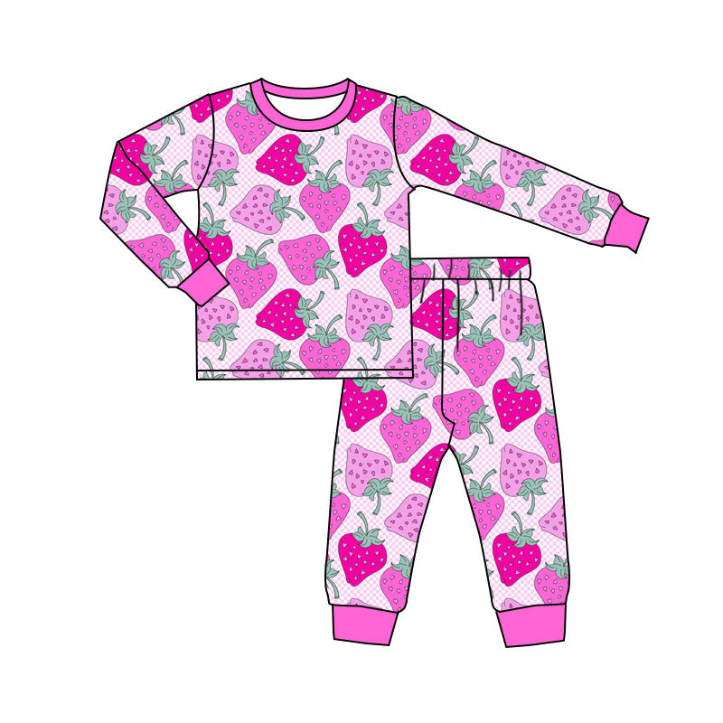 Preorder Baby Girl Long Sleeves Strawberry Shirt Pants Pajamas Clothes Pink Set