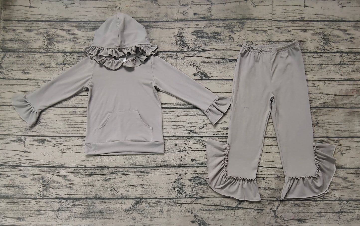 Preorder Baby Girl Long Sleeves Grey Ruffle Hoodie Tops Pants Clothes Cotton Set