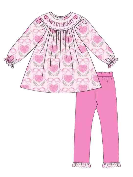Preorder Baby Girl Long Sleeves Sweetheart Bows Tunic Pink Pants Clothes Set