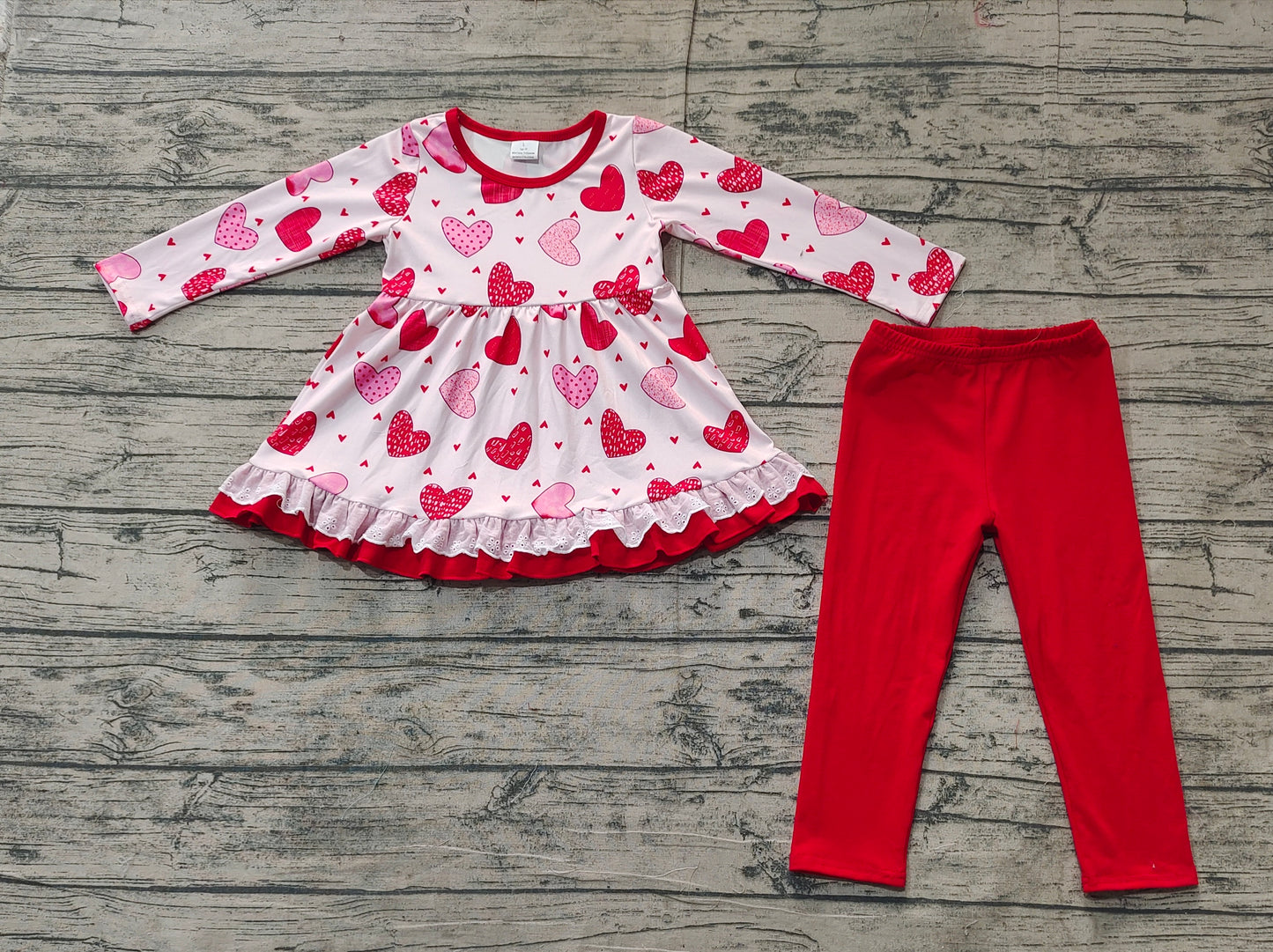 RTS Baby Girl Long Sleeves Valentines Hearts Tunic Red Legging Clothes Set