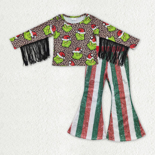 Baby Girl Christmas Leopard Green Face Tassels Shirt Stripes Sequins Pants Set