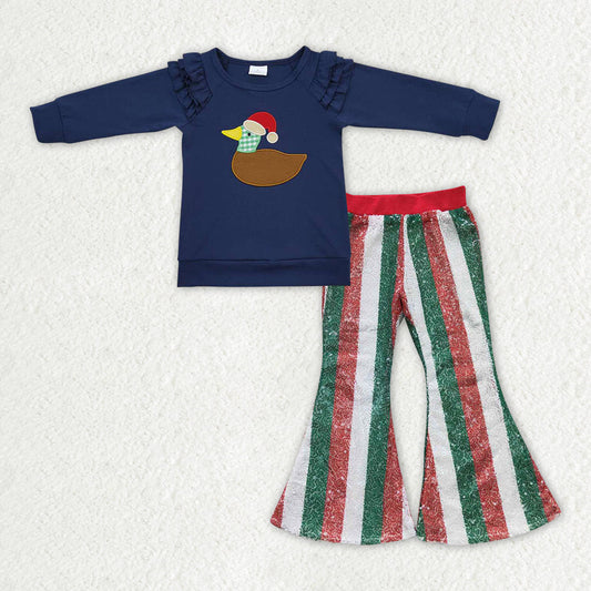 Baby Girl Long Sleeves Christmas Embroidery Duck Shirt Sequins Pants Set