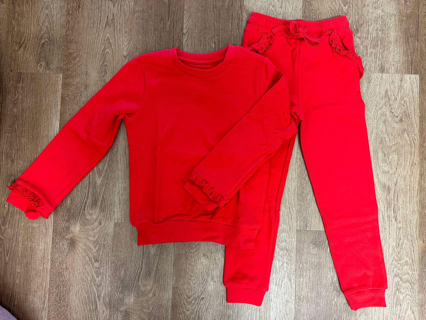 Preorder Baby Girl Long Sleeves Red Shirt Ruffle Pocket Pants Jogger Clothes Set