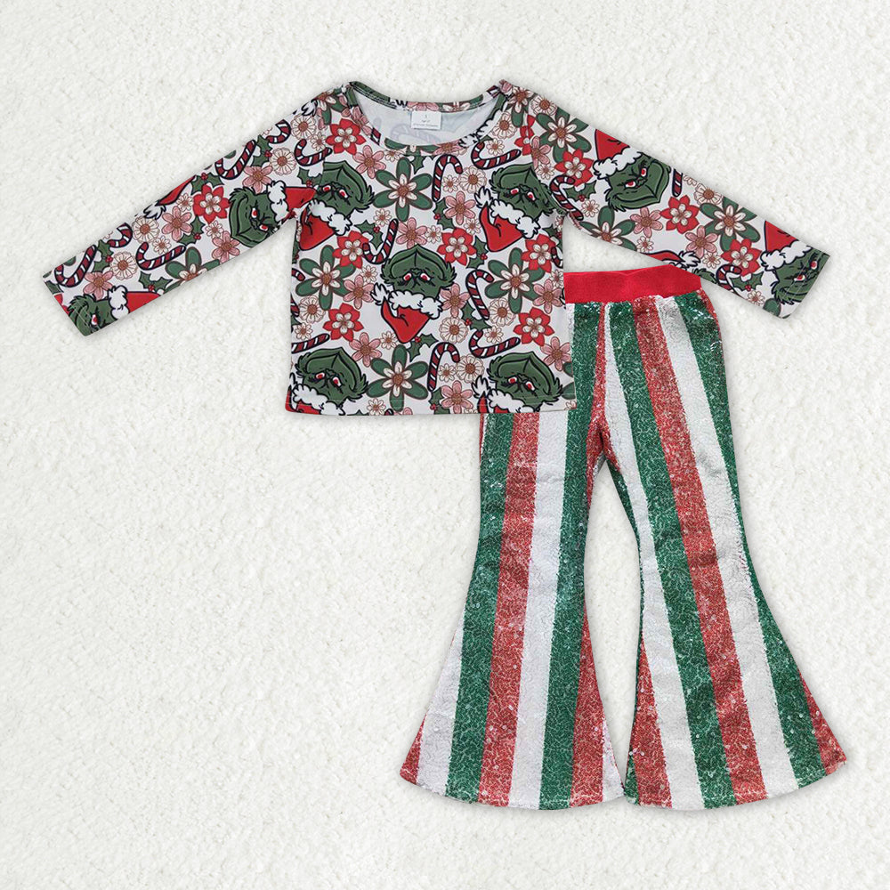 Baby Girl Long Sleeves Christmas Green Face Shirt Stripes Sequins Pants Set