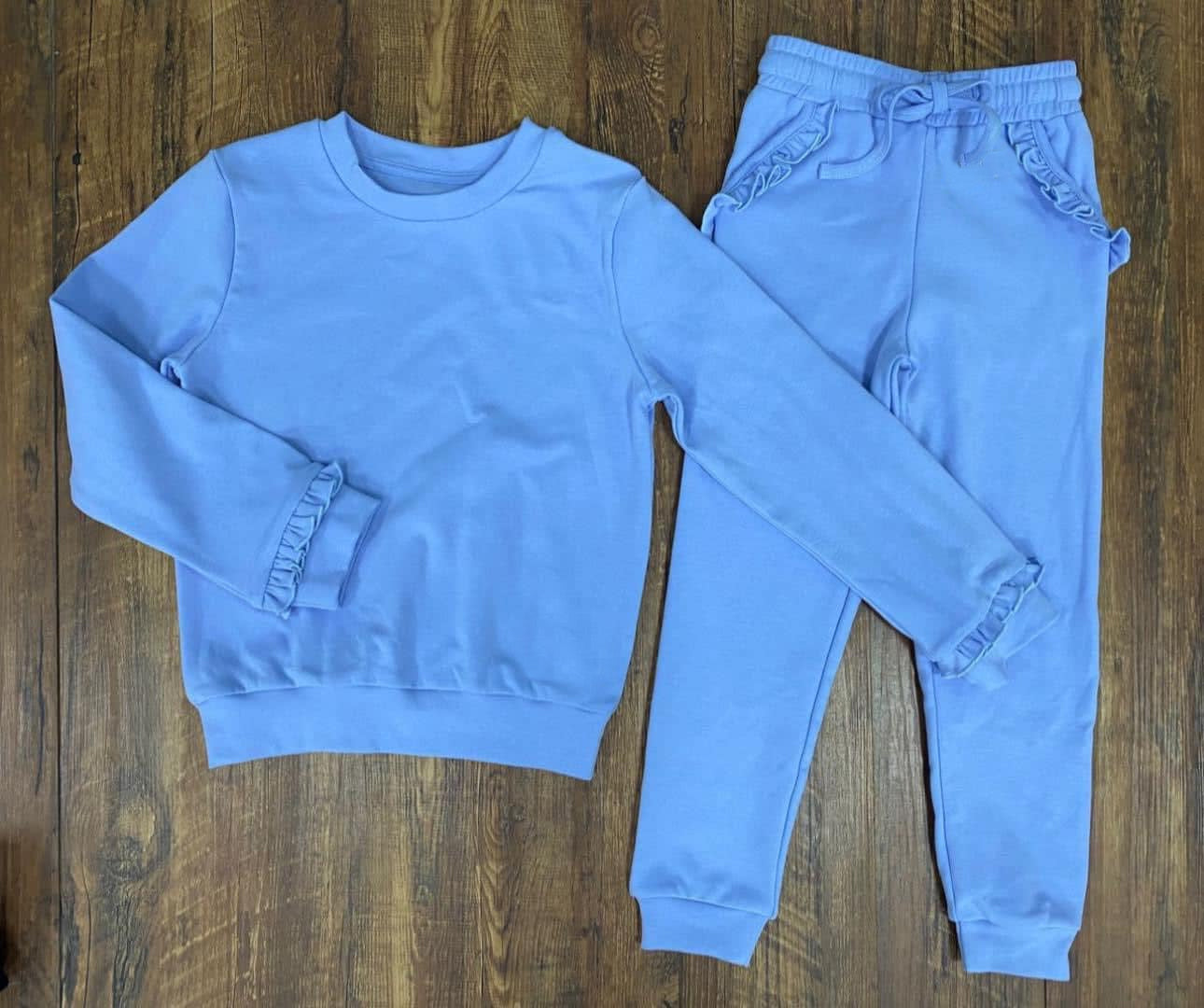 Preorder Baby Girl Long Sleeves Blue Shirt Ruffle Pocket Pants Jogger Clothes Set
