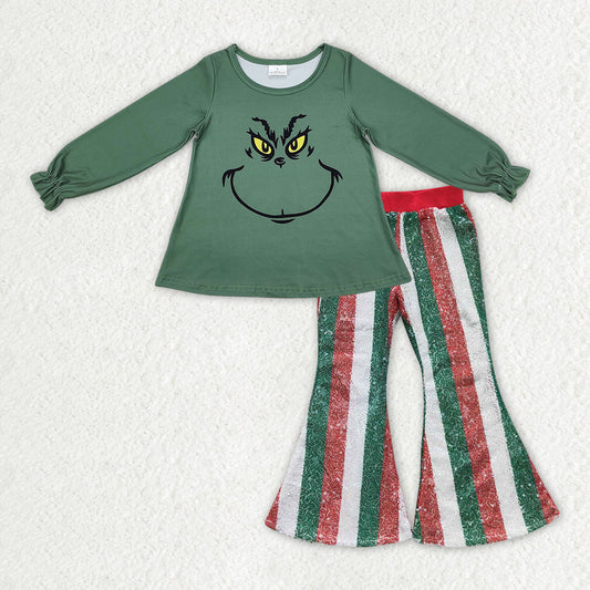 Baby Girl Long Sleeves Christmas Green Face Green Shirt Stripes Sequins Pants Set