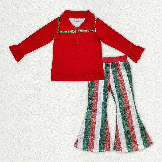 Baby Girl Red Long Sleeves Christmas Green Face Shirt Stripes Sequins Pants Set