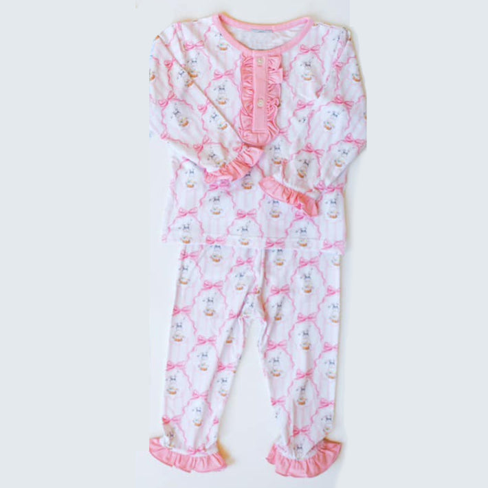 Preorder Baby Girl Long Sleeves Pink Easter Rabbit Bows Shirt Pants Pajamas Clothes Set