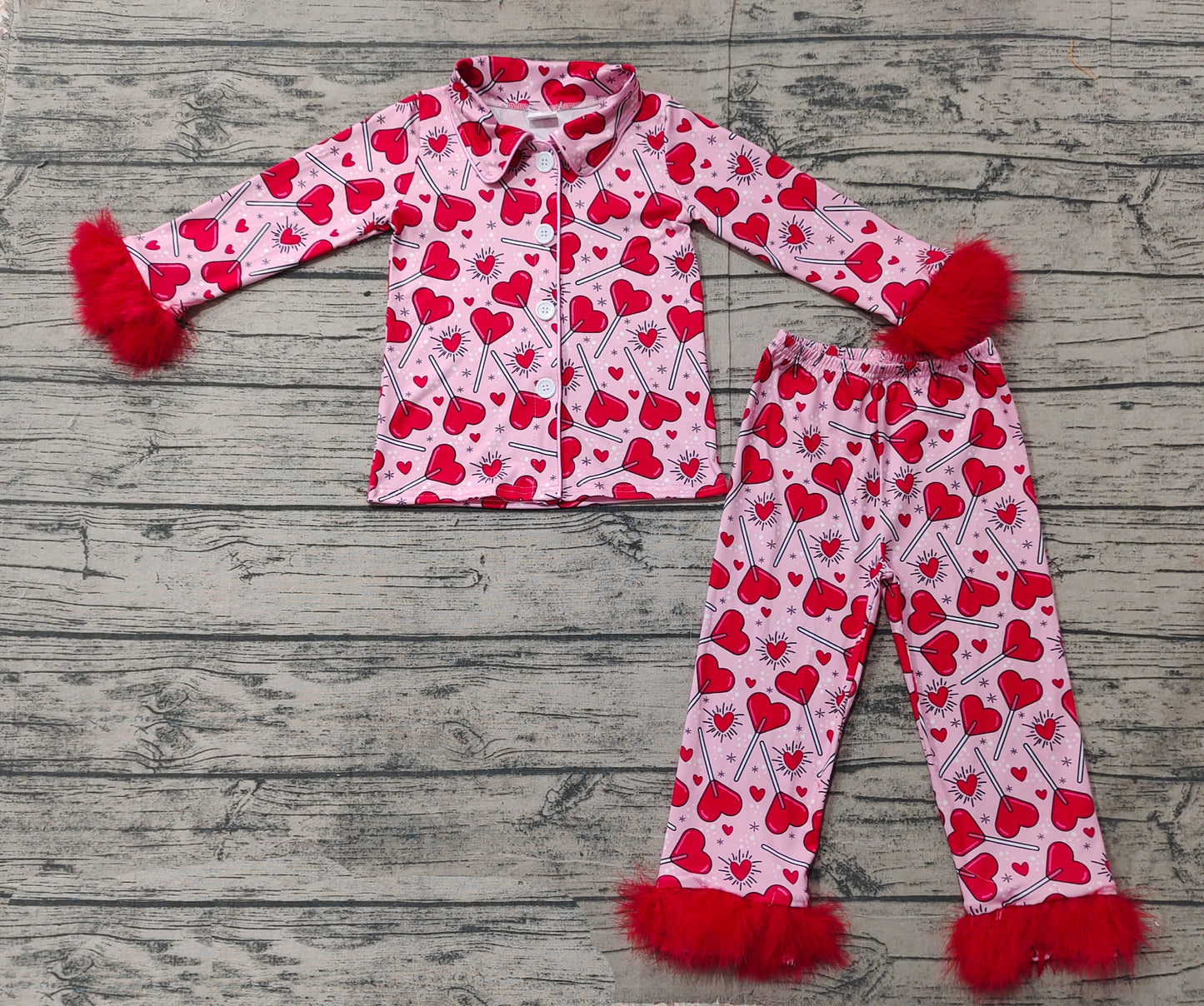 Baby Girl Fur Long Sleeves Valentines Candy Button Ups Shirt Pants Pajamas Clothes Set