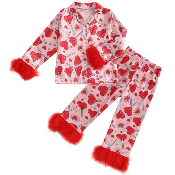 Preorder Baby Girl Fur Long Sleeves Valentines Candy Button Ups Shirt Pants Pajamas Clothes Set