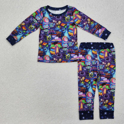 Baby Girl Long Sleeves Cartoon Monster Sibling Romper Pajamas Clothing Set RTS