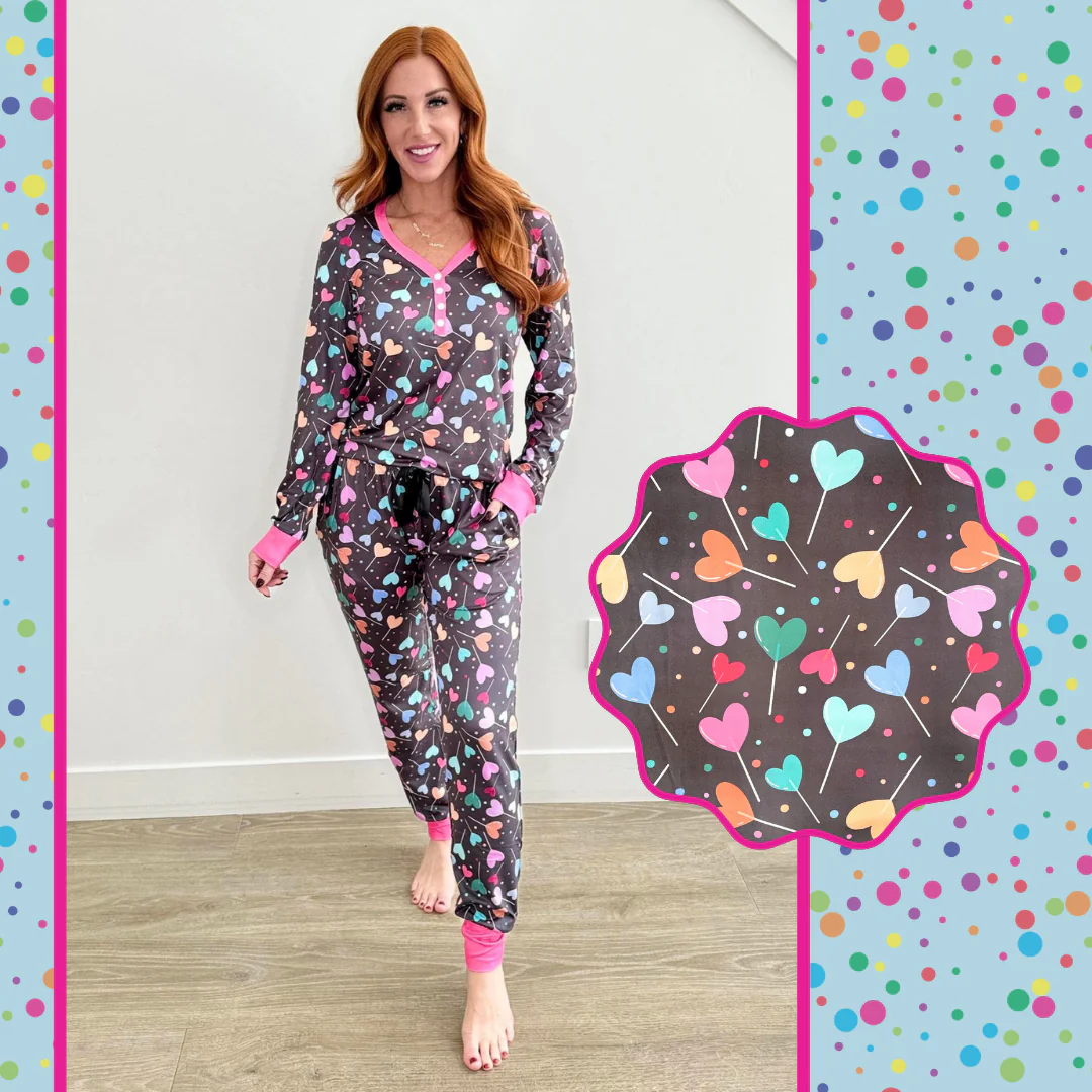 Preorder Adult Women Long Sleeves Valentines Hearts Buttons Shirt Pants Pajamas Set