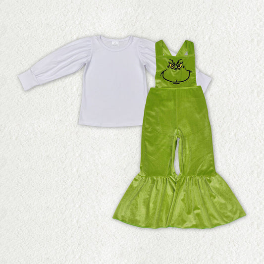 Baby Girl Long Sleeves White Shirt Christmas Face Green Velvet Jumpsuit Clothes Set