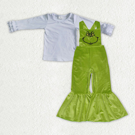 Baby Girl White Long Sleeves Shirt Christmas Face Green Velvet Jumpsuit Clothes Set