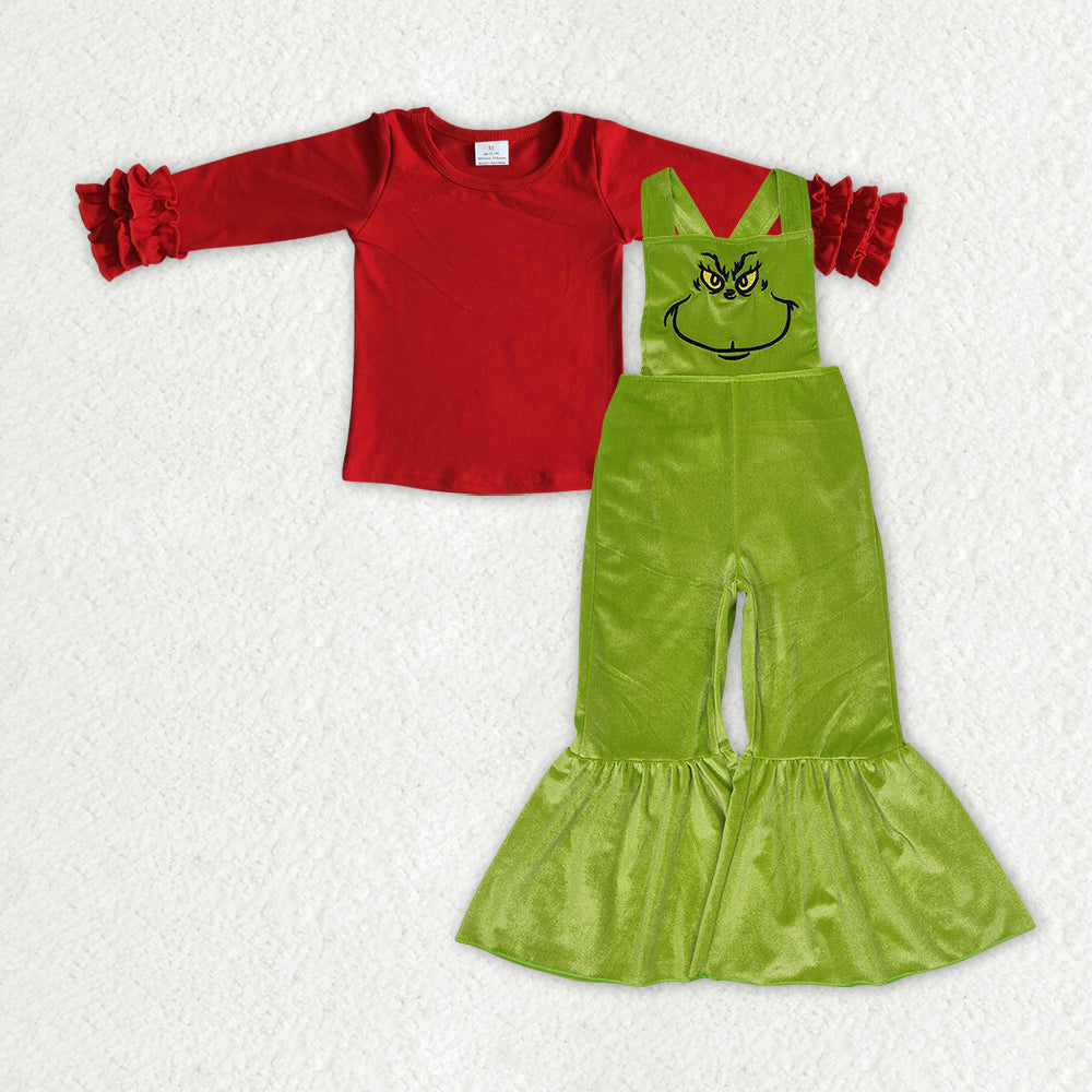 Baby Girl Red Long Sleeves Shirt Christmas Face Green Velvet Jumpsuit Clothes Set