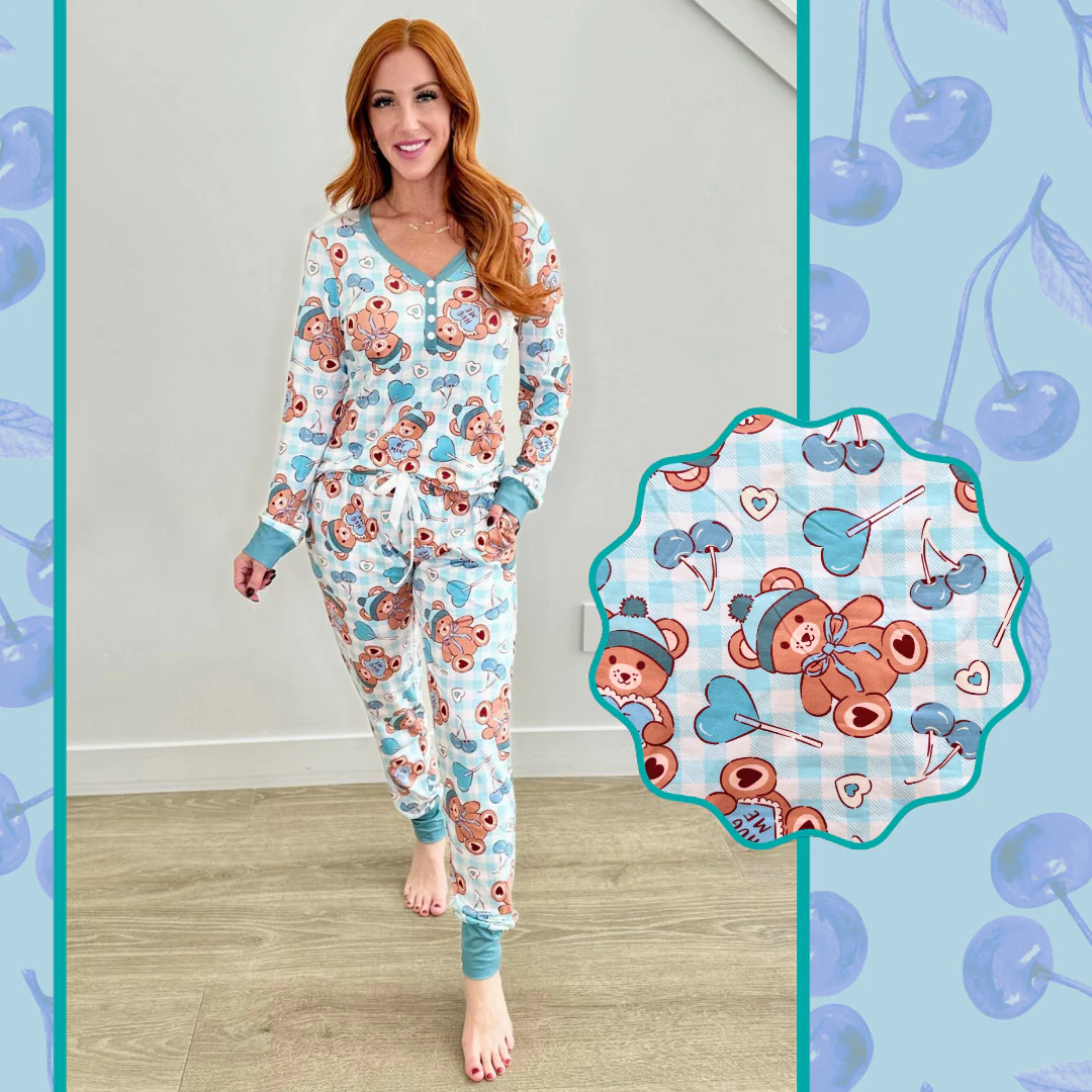 Preorder Adult Women Long Sleeves Valentines Heart Bears Shirt Pants Pajamas Set