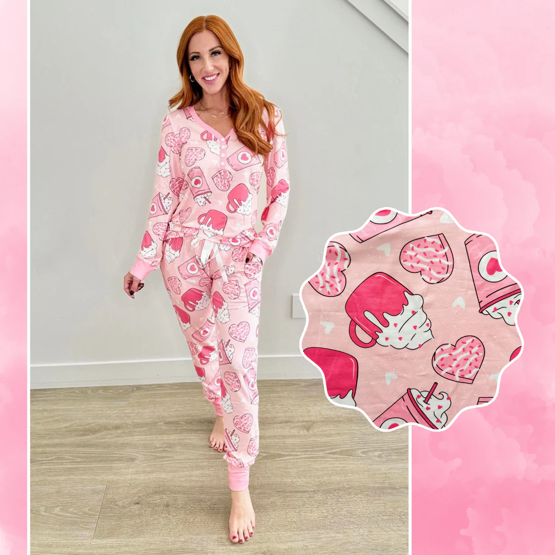 Preorder Adult Women Long Sleeves Valentines Hearts Cups Shirt Pants Pajamas Set