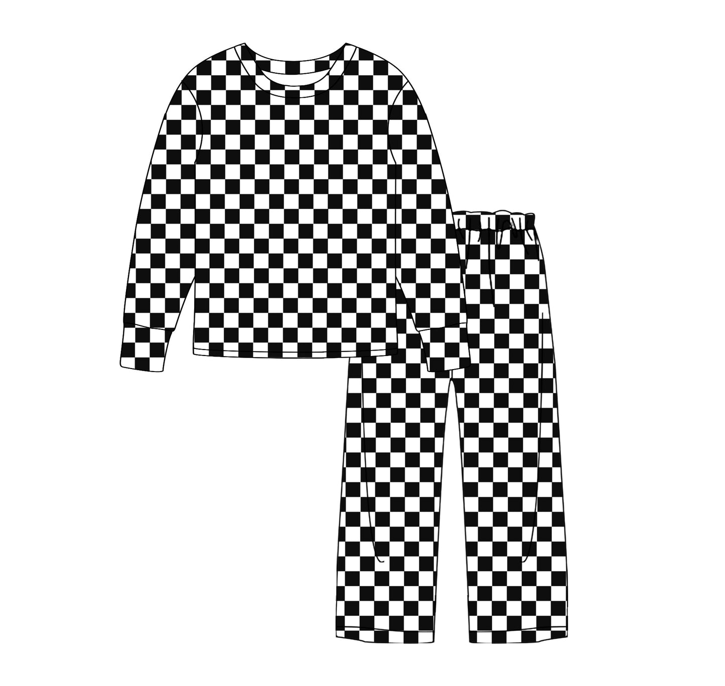Preorder Adult Women Long Sleeves Black White Checkered Shirt Pants Pajamas Clothes Outfit