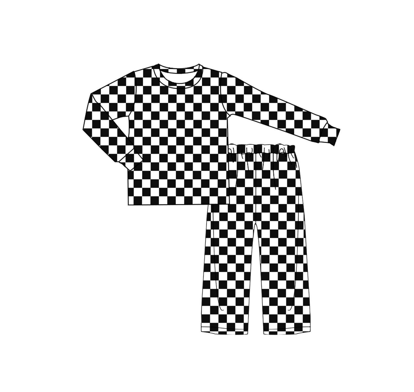 Preorder Baby Girl Kids Long Sleeves Black White Checkered Shirt Pants Pajamas Clothes Outfit