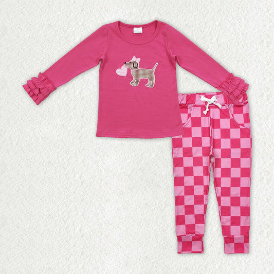 Baby Girl Long Sleeves Valentines Embroidery Dog Heart Shirt Pink Checkered Pocket Pants Clothes Set