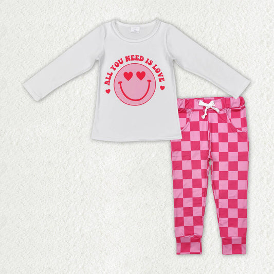 Baby Girl Long Sleeves Valentines Smile Hearts Shirt Pink Checkered Pocket Pants Clothes Set