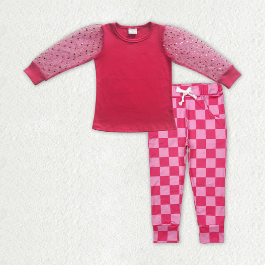 Baby Girl Long Sleeves Pink Shirt Checkered Pocket Pants Clothes Set