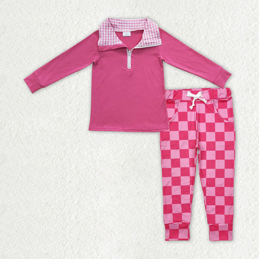 Baby Girl Long Sleeves Zipper Cotton Pullover Shirt Pink Checkered Pocket Pants Clothes Set