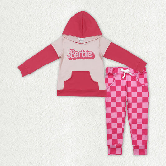 Baby Girl Long Sleeves Pink Doll Hoodie Shirt Checkered Pocket Pants Clothes Set