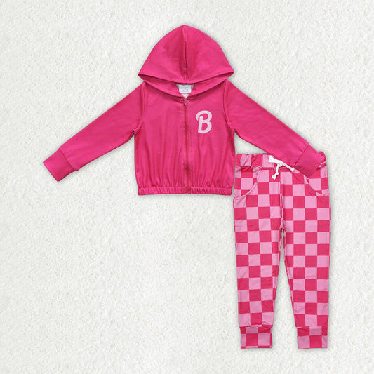 Baby Girl Long Sleeves Pink Doll Hoodie Zipper Shirt Tops Checkered Pocket Pants Clothes Set