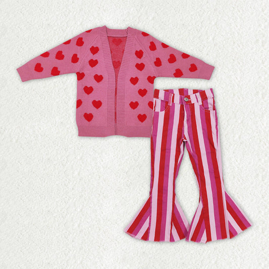 Baby Girl Long Sleeves Valentines Hearts Pink Cardigan Sweater Stripes Denim Pants Set