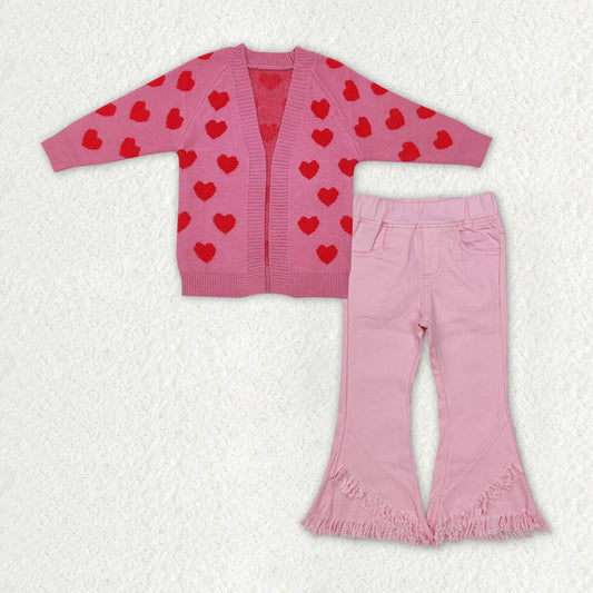 Baby Girl Long Sleeves Valentines Hearts Cardigan Sweater Pink Denim Pants Set