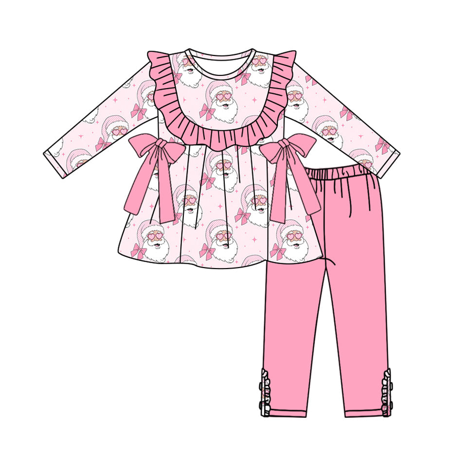 ( Moq 5 ) Preorder Baby Girl Long Sleeves Santa Pink Bows Tunic Legging Pants Set