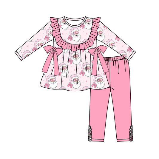 ( Moq 5 ) Preorder Baby Girl Long Sleeves Santa Pink Bows Tunic Legging Pants Set