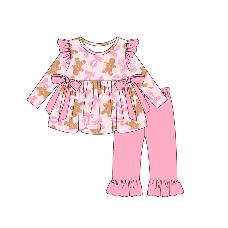 ( Moq 5 ) Preorder Baby Girl Long Sleeves Gingerbread Bows Tunic Ruffle Pants Set