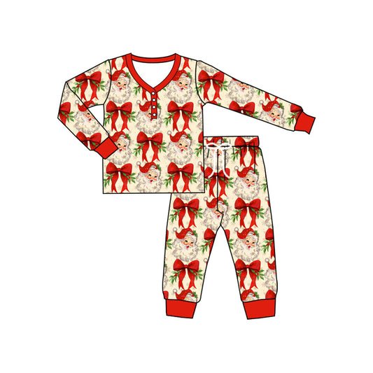 ( Moq 5 ) Preorder Adult Women Long Sleeves Santa Bows Button Shirt Pants Pajamas Set