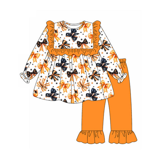 ( Moq 5 ) Preorder Baby Girl Long Sleeves Colorful Bows Stars Tunic Ruffle Pants Halloween Set