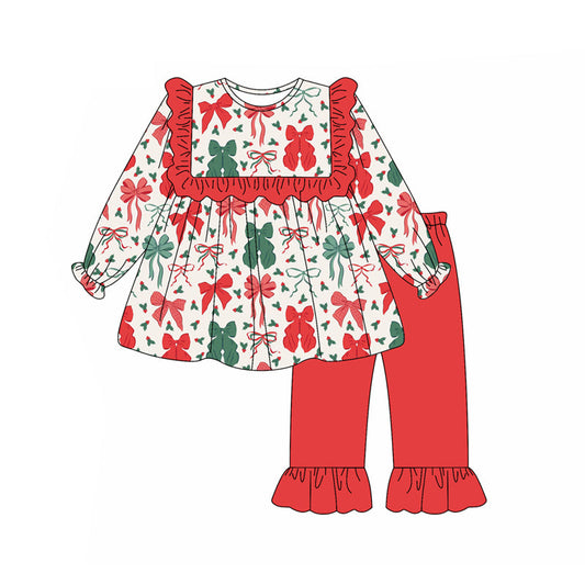 ( Moq 5 ) Preorder Baby Girl Long Sleeves Red Green Bows Tunic Ruffle Pants Christmas Set