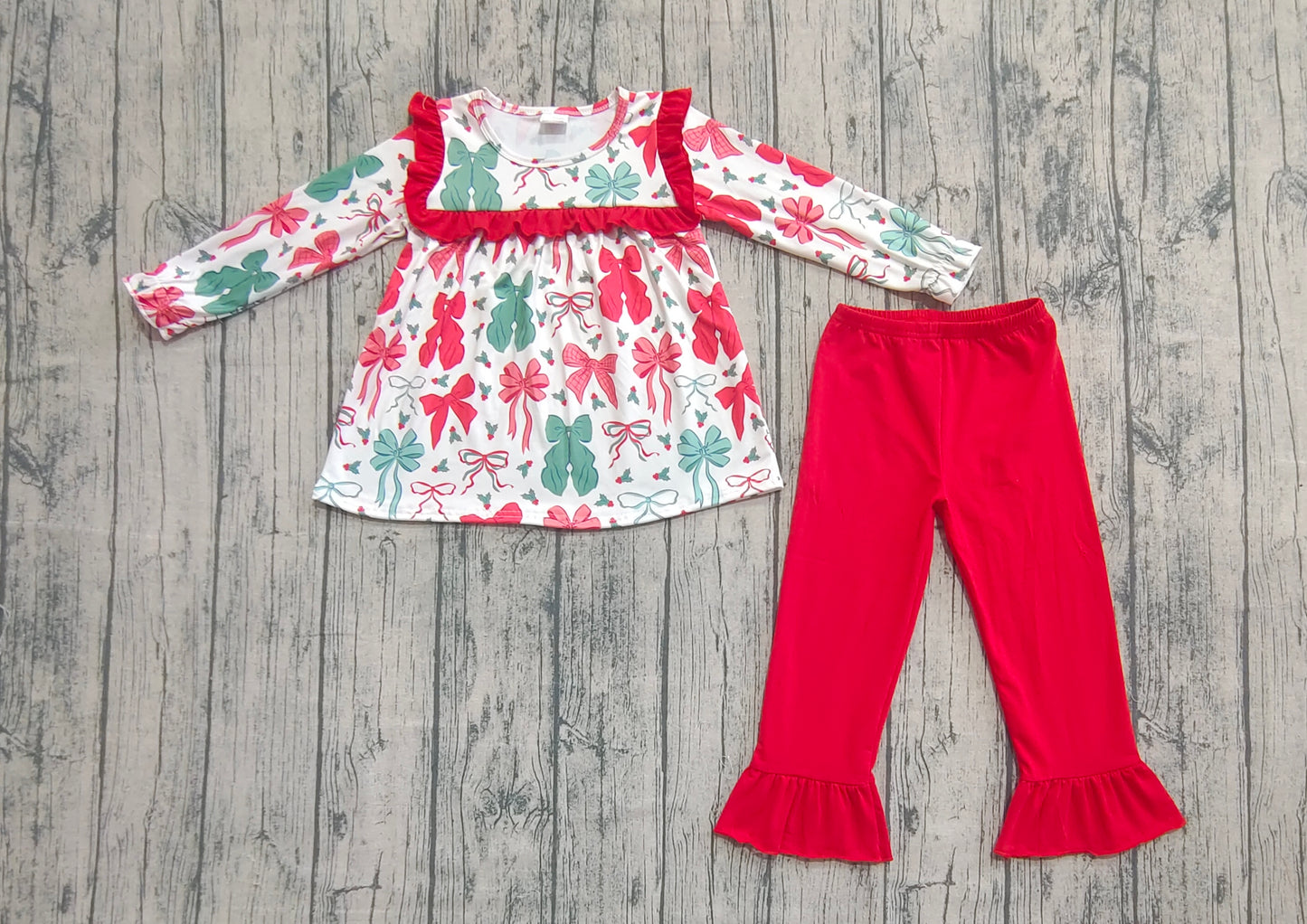 Baby Girl Long Sleeves Red Green Bows Tunic Ruffle Pants Christmas Set RTS