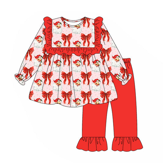 ( Moq 5 ) Preorder Baby Girl Long Sleeves Red Santa Bows Tunic Ruffle Pants Christmas Set