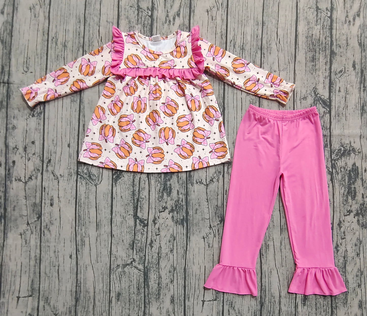 Baby Girl Long Sleeves  Bows Pumpkins Tunic Ruffle Pants Set RTS