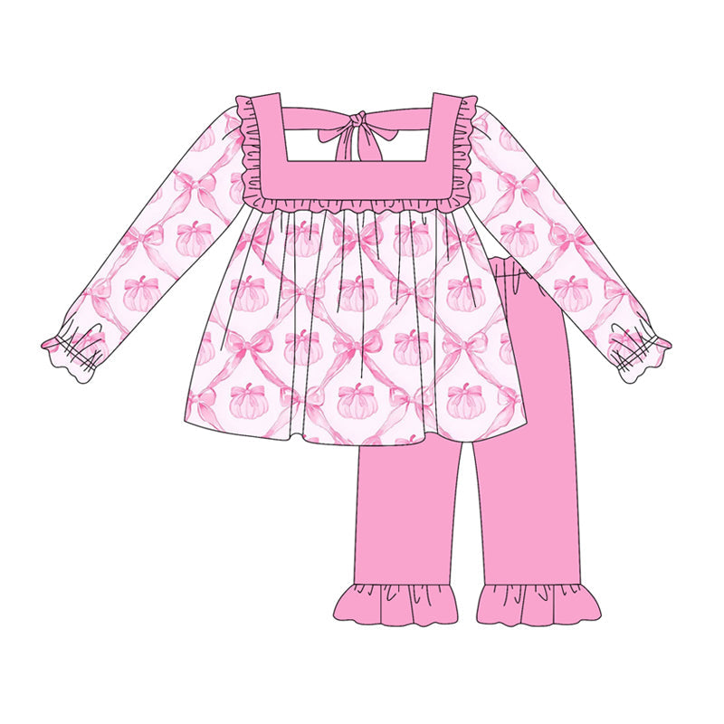 ( Moq 5 ) Preorder Baby Girl Long Sleeves Pink Bows Pumpkins Tunic Ruffle Pants Set