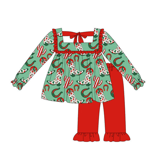 ( Moq 5 ) Preorder Baby Girl Long Sleeves Christmas Boots Cactus Tunic Red Pants Set
