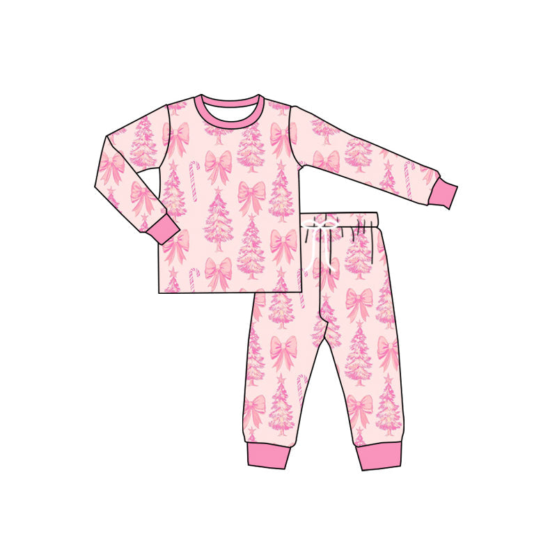 ( Moq 5 ) Preorder Baby Girl Long Sleeves Bows Trees Shirt Pant Pajamas Christmas Pink Set