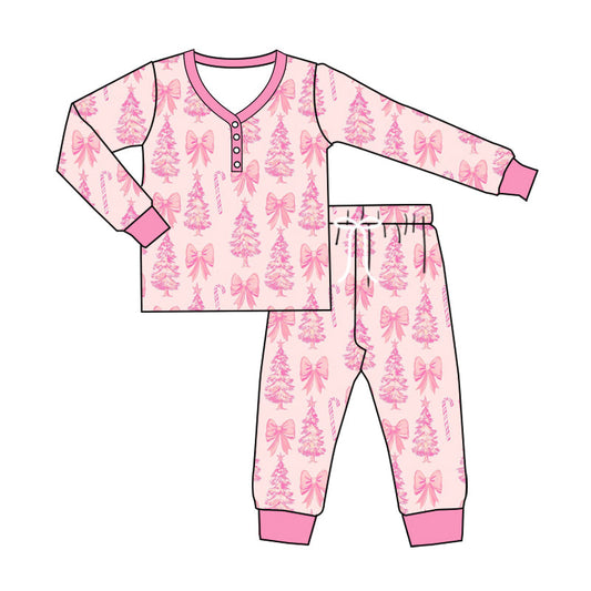 ( Moq 5 ) Preorder Adult Women Long Sleeves Bows Trees Shirt Pant Pajamas Christmas Pink Set