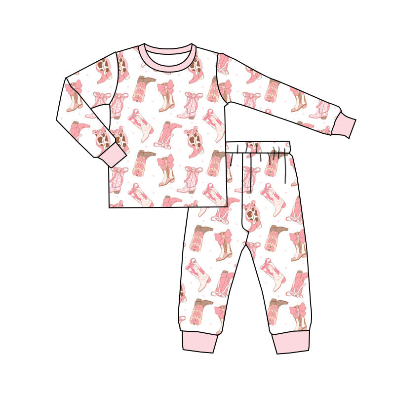 ( Moq 5 ) Preorder Baby Girl Long Sleeves Bows Boots Shirt Pants Pajamas Set