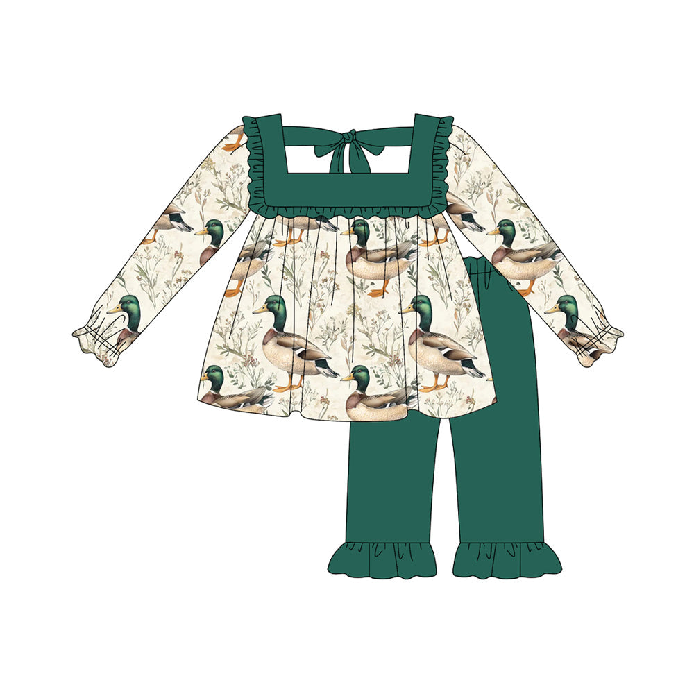 ( Moq 5 ) Preorder Baby Girl Long Sleeves Ducks Flower Tunic Green Pants Set