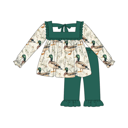 ( Moq 5 ) Preorder Baby Girl Long Sleeves Ducks Flower Tunic Green Pants Set