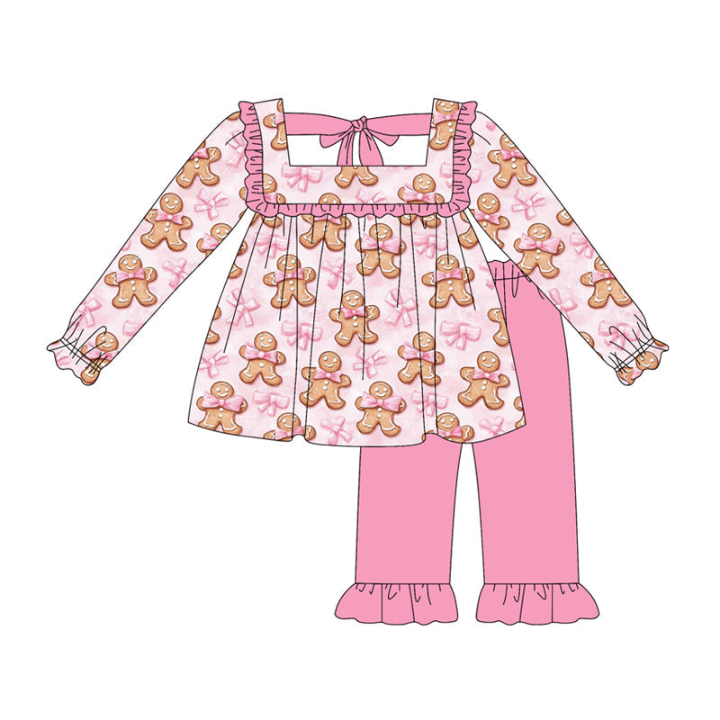 ( Moq 5 ) Preorder Baby Girl Long Sleeves Christmas Bows Gingerbread Tunic Pink Pants Set
