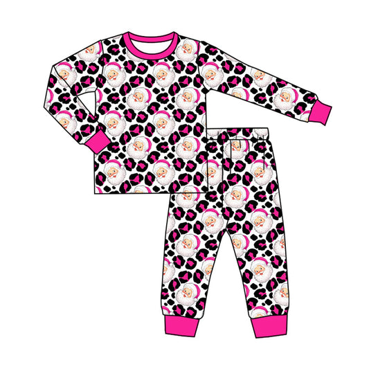 ( Moq 5 ) Preorder Baby Girl Long Sleeves Leopard Santa Shirt Pants Christmas Pajamas Set